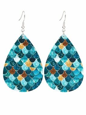 🧜‍♀️ Mermaid Scale Teardrop Earrings Blue Gold Coastal Beach Statement NEW